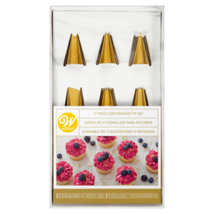 Wilton – Set de 8 Boquillas doradas, 8 mangas y adaptador